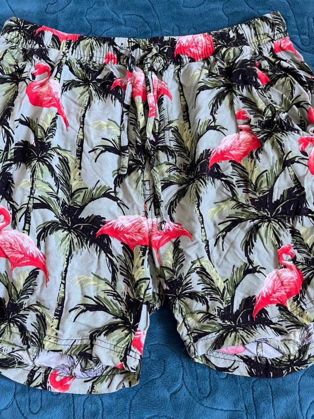 Men's Athletic Swim Shorts with Pink Flamingo Print - White Green